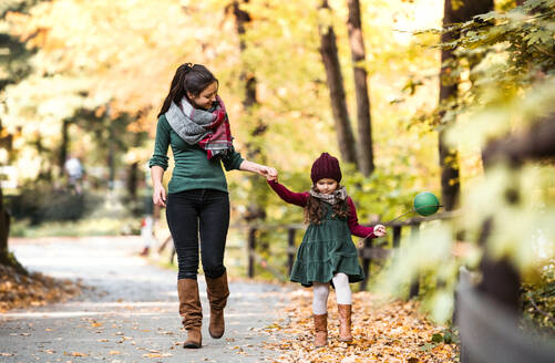 Ein Porträt der jungen Mutter mit einem Kleinkind Tochter zu Fuß im Wald im Herbst Natur, halten die Hände. - HPIF27413