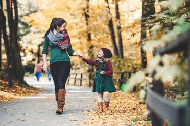 Ein Porträt der jungen Mutter mit einem Kleinkind Tochter zu Fuß im Wald im Herbst Natur, halten die Hände. - HPIF27414