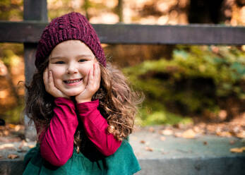 A portrait of a small toddler girl sitting in forest in autumn nature. Copy space. - HPIF27415