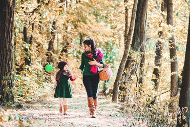 Ein Porträt der jungen Mutter mit einem Kleinkind Tochter zu Fuß im Wald im Herbst Natur, halten die Hände. - HPIF27441