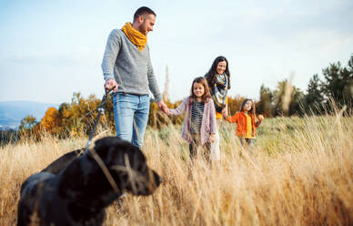 Eine junge Familie mit zwei kleinen Kindern und einem schwarzen Hund bei einem Spaziergang in der herbstlichen Natur. - HPIF27511