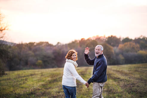Senior couple walking on a meadow in an autumn nature, holding hands. A man and woman looking back, waving. - HPIF27600