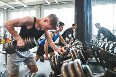 Junge, fitte Männer beim Krafttraining, die mit Hanteln in einem modernen Fitnessstudio trainieren. - HPIF27965