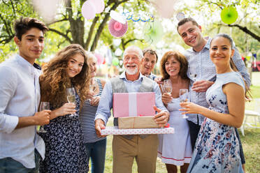 Familienfeier im Hinterhof, große Gartenparty, Geburtstagsfeier eines älteren Mannes. - HPIF28047