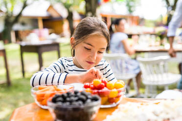 Family celebration outside in the backyard. Little girl standing at the table. - HPIF28056