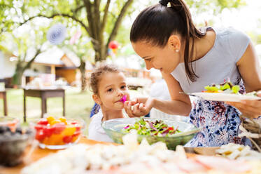 Familienfeier draußen im Garten. Große Gartenparty. Geburtstagsfeier. Junge Mutter mit kleinem Mädchen am Tisch mit Essen stehend. - HPIF28066