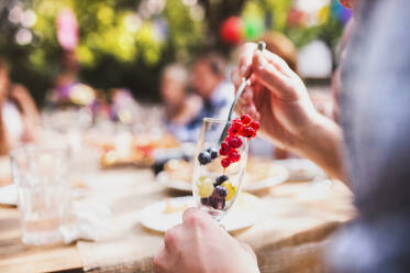 Familienfeier im Garten. Große Gartenparty. Unbekannter Mann isst Obst. - HPIF28073