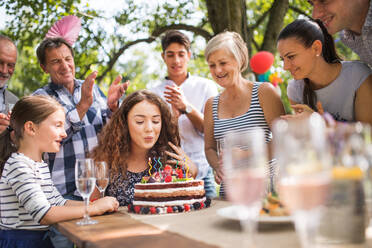 Family celebration outside in the backyard.Big garden party. Birthday party. A teenage girl with a birthday cake. - HPIF28096