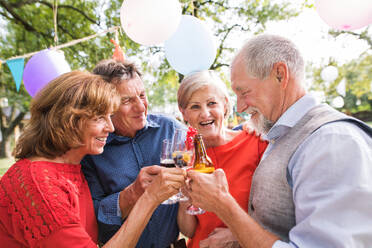 Familienfeier im Hinterhof, große Gartenparty, zwei ältere Paare stoßen mit Gläsern und Flaschen an. - HPIF28217