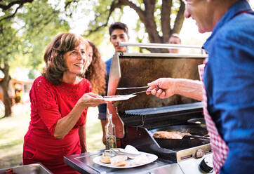 Ein reifer Mann mit Familie und Freunden kocht Essen auf einem Grill auf einer Party im Freien. - HPIF28234