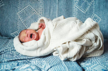 A close-up of a crying newborn baby lying on a sofa, covered by a white blanket. Side view. Copy space. - HPIF28338