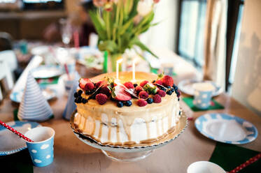 Ein Geburtstagskuchen auf einem Glasständer und eine Vase mit Tulpen auf dem für eine Geburtstagsfeier gedeckten Tisch. - HPIF28363