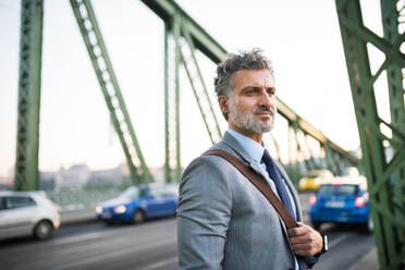 Handsome mature businessman in a city, standing on the bridge. - HPIF28489
