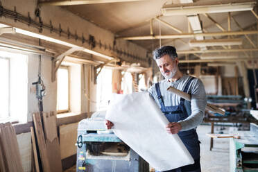 Porträt eines reifen Mannes, der in einer Schreinerei arbeitet und sich Papierpläne ansieht. - HPIF28494