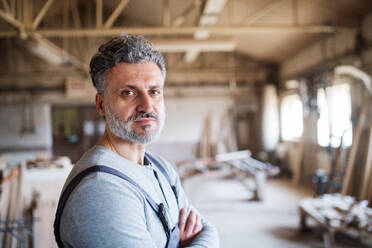 Portrait of a mature man worker in the carpentry workshop, arms crossed. Copy space. - HPIF28503