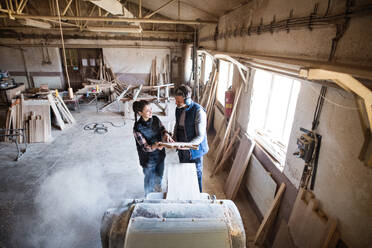 Portrait of a man and woman workers in the carpentry workshop, holding a piece of wood. - HPIF28521