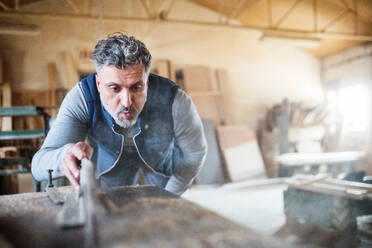 Ein erwachsener Mann arbeitet in einer Schreinerei mit Holz. - HPIF28529