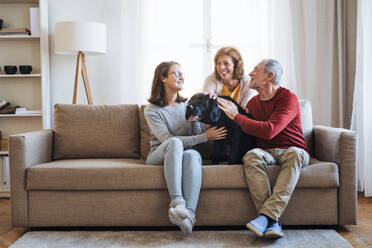 Ein älteres Ehepaar mit einem Mädchen im Teenageralter, das mit seinem Hund zu Hause auf einem Sofa sitzt. - HPIF28905