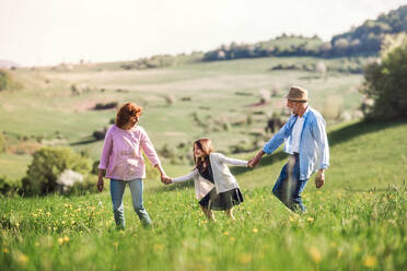 Senior couple with granddaughter outside in spring nature, laughing. Copy space. - HPIF28938