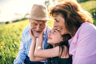 Senior couple with granddaughter outside in spring nature, relaxing on the grass and having fun. Close up. - HPIF28956