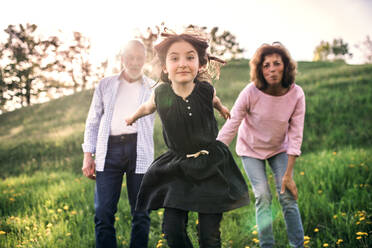 Senior couple with granddaughter outside in spring nature, laughing. Copy space. - HPIF28963