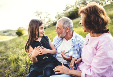 Älteres Ehepaar mit Enkelin draußen in der frühlingshaften Natur, die sich im Gras entspannen und Spaß haben. - HPIF28965