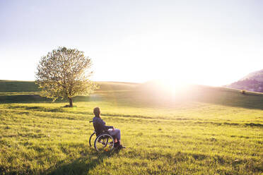 Eine Frau im Rollstuhl in der Natur bei Sonnenuntergang. Raum kopieren. - HPIF28999