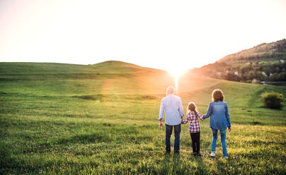 Cheerful senior couple with granddaughter outside in spring nature, walking at sunset. Rear view. - HPIF29032