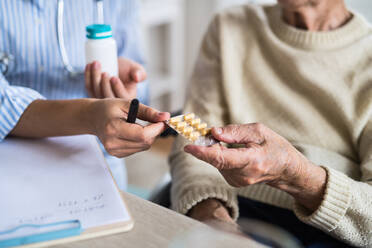 Eine nicht wiederzuerkennende junge Krankenschwester erklärt einer älteren Frau im Rollstuhl, wie man Medikamente und Tabletten einnimmt. - HPIF29092