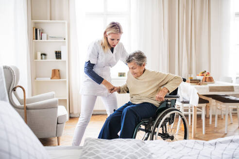 Eine junge Gesundheitsberaterin hilft einer älteren Frau, zu Hause aus dem Rollstuhl aufzustehen. - HPIF29104