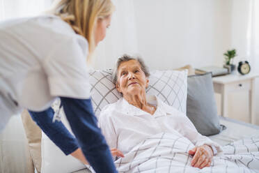 A young health visitor talking to a happy sick senior woman lying in bed at home. - HPIF29129