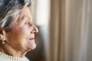 Nahaufnahme eines Porträts einer älteren Frau, die zu Hause aus dem Fenster schaut. - HPIF29150