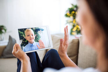 An unrecognbizable grandmother with tablet making videocall with small grandson at Christmas time, waving. - HPIF29257