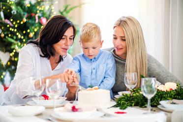 Ein kleiner Junge sitzt mit seiner Mutter und Großmutter am Tisch und schneidet zur Weihnachtszeit einen Kuchen an. - HPIF29280