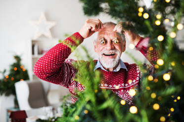 Ein fröhlicher älterer Mann steht am Weihnachtsbaum und hält sich Kugeln vor die Augen. - HPIF29296