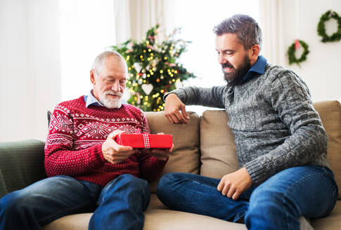 Ein älterer Vater und sein erwachsener Sohn sitzen zur Weihnachtszeit zu Hause auf einem Sofa und beschenken sich gegenseitig. - HPIF29331
