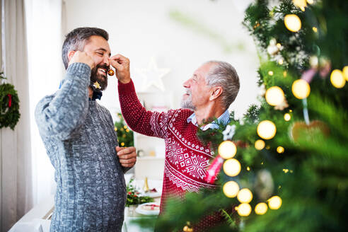 Ein glücklicher älterer Vater und sein erwachsener Sohn stehen vor einem Weihnachtsbaum und haben Spaß. - HPIF29335