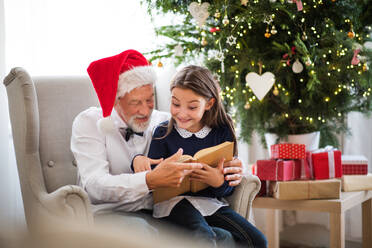 Ein kleines Mädchen und ihr Großvater mit Weihnachtsmannmütze sitzen auf einem Sessel und lesen ein Buch zur Weihnachtszeit. - HPIF29367