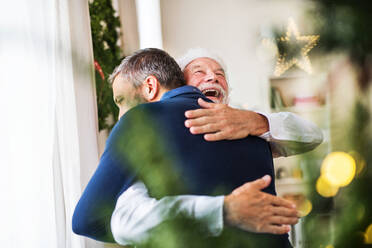 Ein älterer Vater mit Weihnachtsmannmütze und sein erwachsener Sohn stehen zur Weihnachtszeit zu Hause am Fenster und umarmen sich. - HPIF29379