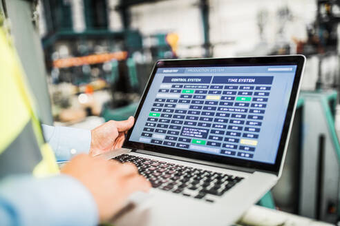 Eine Mittelansicht eines reifen Industrieingenieurs mit Laptop in einer Fabrik bei der Arbeit. - HPIF29540