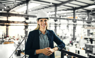 Porträt einer jungen Ingenieurin, die in einer Fabrik steht. - HPIF29564