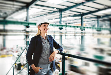 A portrait of a young industrial woman engineer standing in a factory. - HPIF29565
