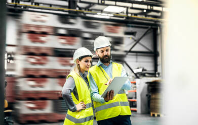 Porträt eines reifen Industriellen und einer Ingenieurin mit Tablet in einer Fabrik bei der Arbeit. - HPIF29585