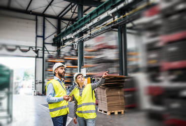 Porträt eines reifen Industriellen und einer Ingenieurin mit Tablet in einer Fabrik bei der Arbeit. - HPIF29587