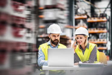 Ein Porträt eines reifen Industriemannes und einer Ingenieurin mit Laptop in einer Fabrik. - HPIF29589