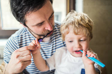 Father brushing his teeth with a toddler boy at home. Paternity leave. - HPIF29624