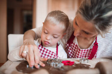 Ein behinderter Junge mit Down-Syndrom und seine Mutter mit karierten Schürzen backen in einer Küche. - HPIF29836