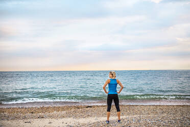 Young sporty woman runner in blue sportswear standing outside on the beach in nature, resting. Rear view. - HPIF29888
