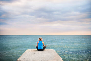 Rückansicht einer jungen, sportlichen Frau, die auf einem Pier sitzt und draußen am Meer Yoga-Übungen macht. Raum kopieren. - HPIF29905