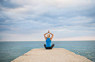 Rückansicht einer jungen, sportlichen Frau, die auf einem Pier sitzt und draußen am Meer Yoga-Übungen macht. Raum kopieren. - HPIF29906